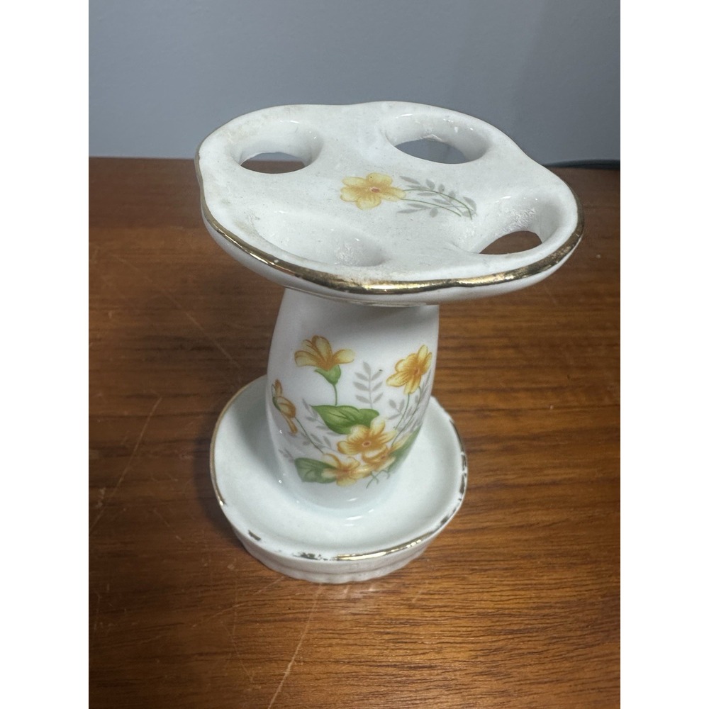 Vintage Mcm Ceramic Floral Toothbrush Holder 4-Slot Yellow Flowers